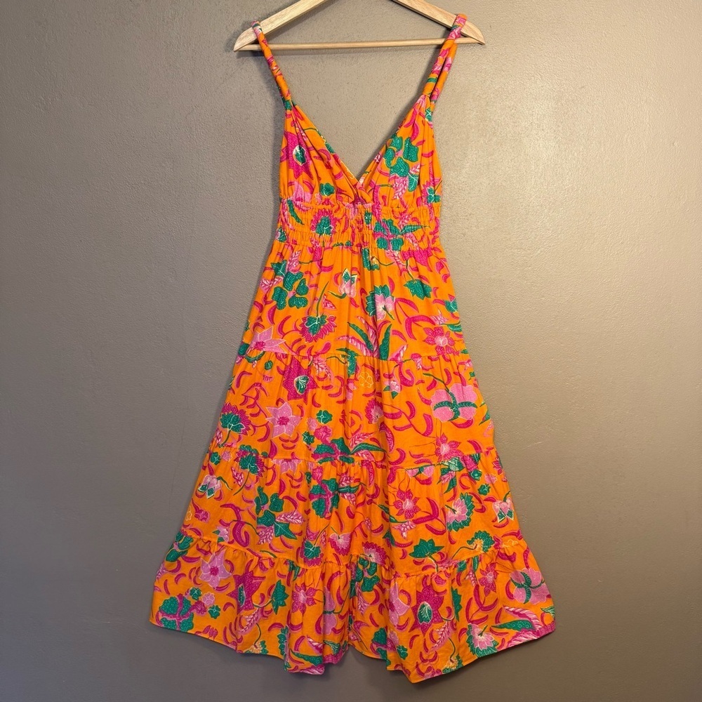 10 Crosby Derek Lam Cecelia Tiered Printed Linen-blend Orange Midi Dress Size 4 - Picture 2 of 16